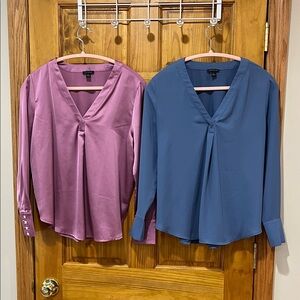 Ann Taylor mixed media Elegant Women's V-Neck Blouse - pink and Blue